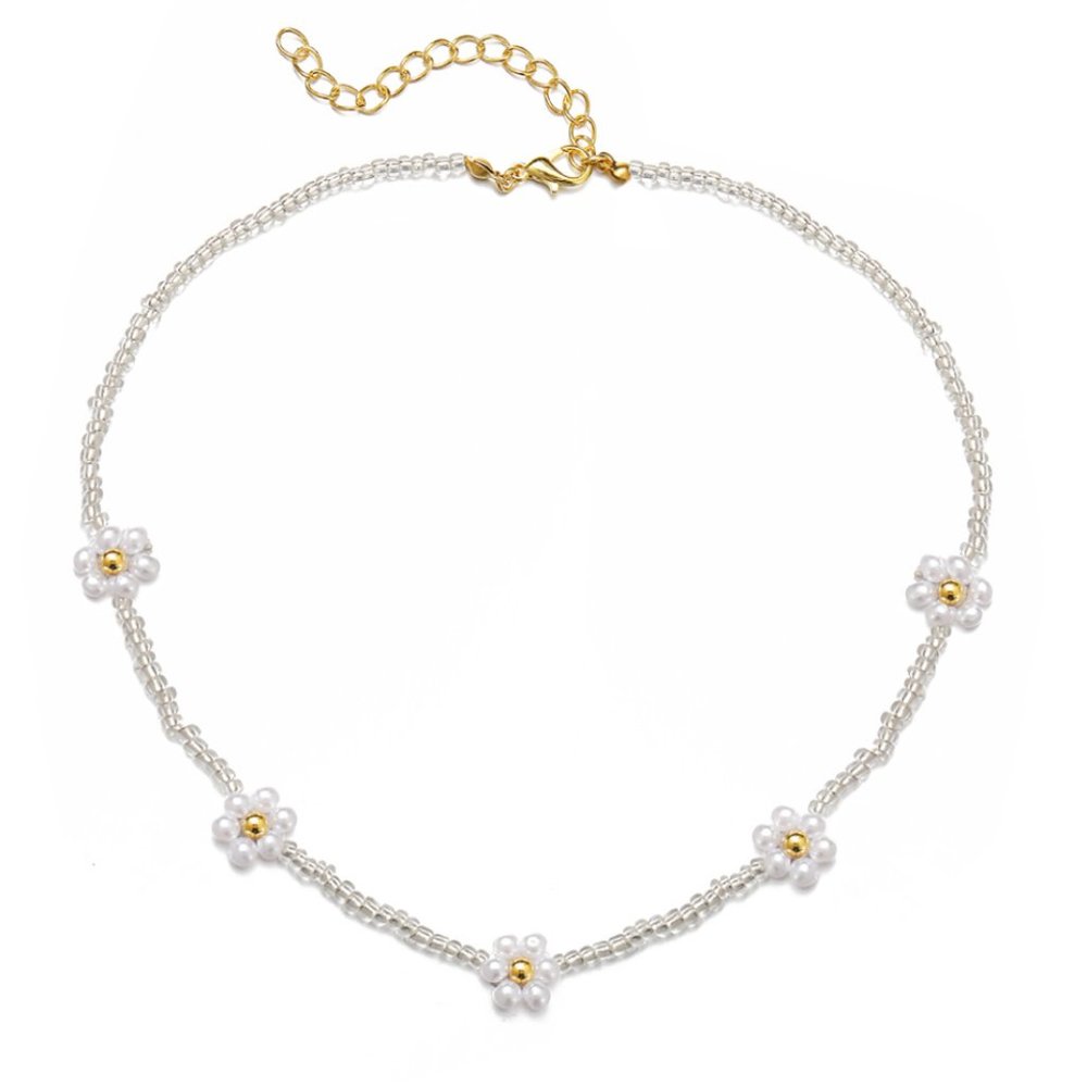 Y2K White Beaded Pearl Daisy Flower Unisex Choker Necklace NEW - Picture 5 of 6